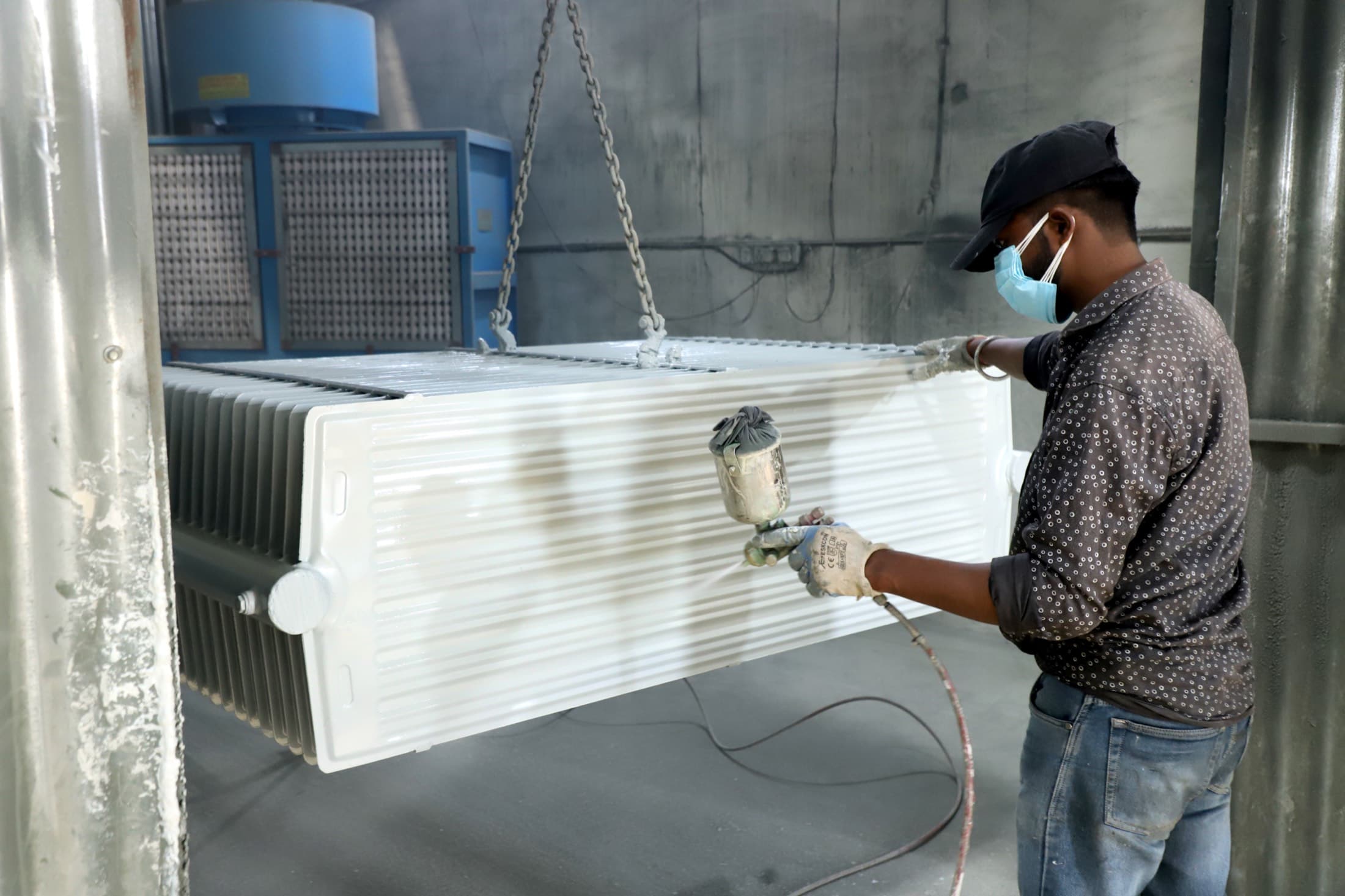 Pressed steel transformer radiator being finished at our Jaipur factory
