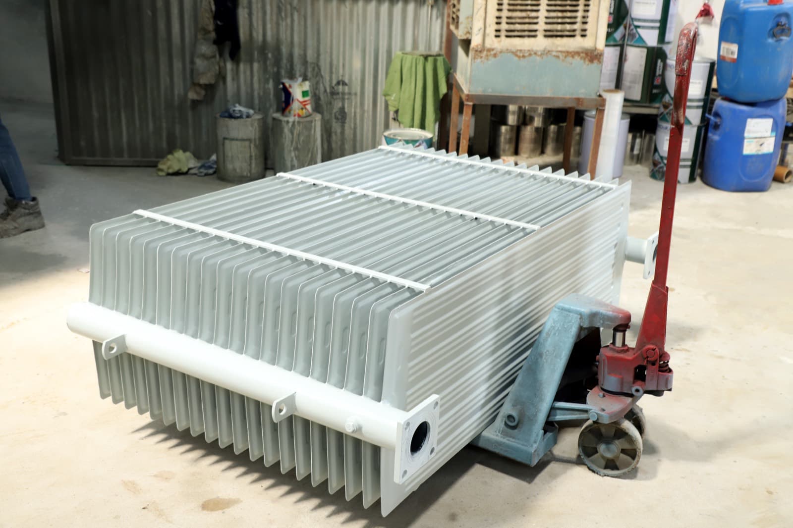 Finished pressed steel transformer radiator, primed and painted, ready for dispatch